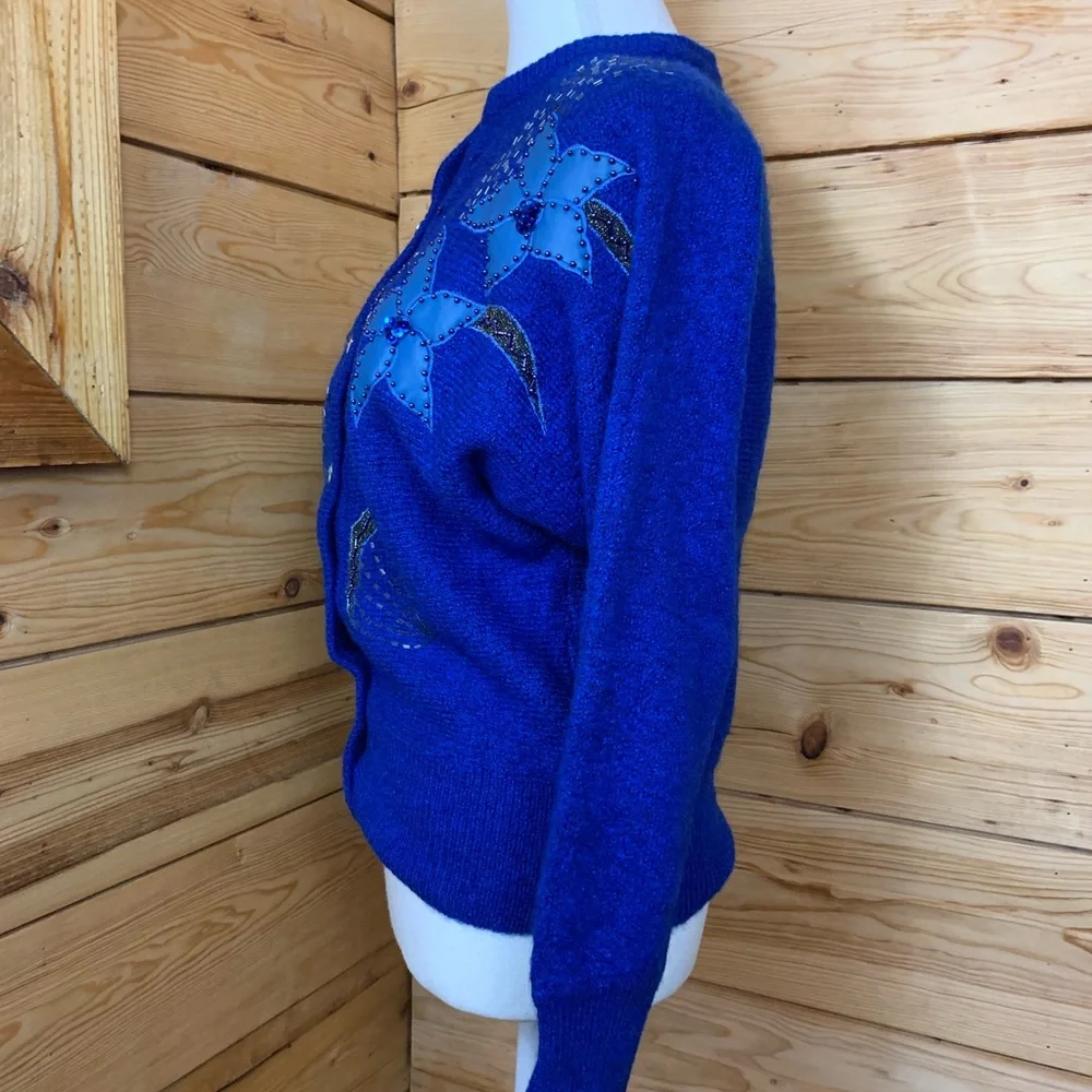 Vintage‎ Embroidered Beads Faux Leather Blue Floral Women's Cardigan Sweater - Picture 7 of 10